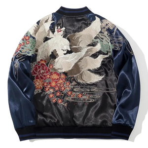 เสื้อแจ็คเก็ตบอมเบอร์สุดหรูสำหรับผู้ชาย รุ่นซูกะจัง ของที่ระลึก แฟชั่นสั่งทำพิเศษ ลายฟีนิกซ์สี่ตัวในตำนาน ผ้าแคนวาสแบบกลับด้านได้ แห้งเร็ว ดีไซน์ด้านหน้าสูง - Product Image 4