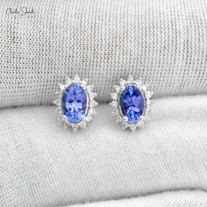 Boucles d'oreilles clous en Tanzanite ovale certifiée IGI 1,03 carat en or massif 14 carats avec diamants pavés, prêtes à être expédiées, bijoux fins pour femmes - Product Image 3