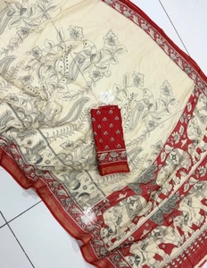 Sari de Seda Pura con Estampado Kalamkari para Mujer KV (Crema) - Product Image 3