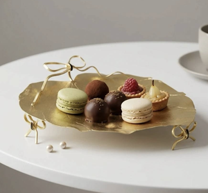 Luxury <b>Decorative</b> Metal Dessert Serving Tray with Bow Handles Modern Cake Pastry Display Platter for Tabletop Decor - Product Image 6