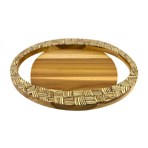 Food Grade Teak Wood Round Tray White Coconut <b>Shell</b> Inlay Weaving Motif <b>Light</b> Brown Forty Centimeters For Home Table Decor Items - Product Image 1