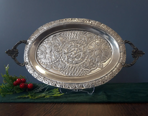 Bandeja de Servir Ovalada de Metal Grabada a Mano Estilo Marroquí, Bandeja Decorativa de Latón Plateado Vintage para Té y Café con Asa - Product Image 6