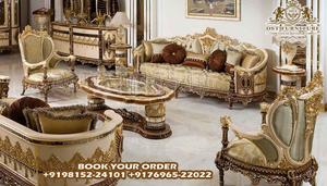 Juego de Sofás de Salón de Estilo Tradicional Premium en Dorado, Muebles de Madera de Teca Antiguos Tallados a Mano, Clásicos y de Lujo, Reino Unido - Product Image 3