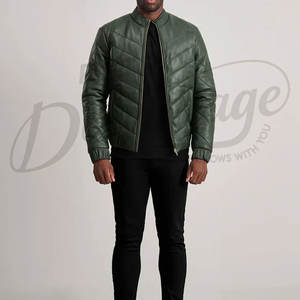 Chaqueta de cuero acolchada verde bosque para hombre, diseño en V, cuello alto, cálida, acolchada, corte ajustado, estilo motero - Product Image 4