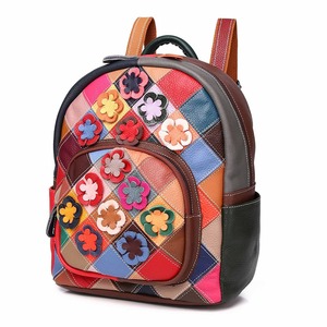 Ando Bag Genuine Cowhide Leather <b>Backpack</b> for Women Multicolor <b>Floral</b> Patchwork Small Casual Daypack - Product Image 1