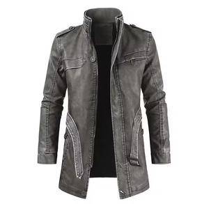 Chaqueta larga de cuero con cuello alto y bolsillos, diseño moderno y a la moda. - Product Image 2