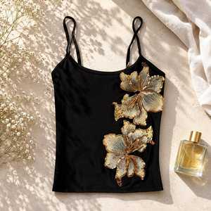 Top Negro sin Mangas para Mujer, Bordado Floral, Cuello Redondo, Elegante, para Verano, Chaleco con Bordado a Mano - Product Image 1