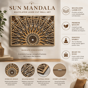 Panel Decorativo de Pared con Mandala Solar |   Obra de arte de madera en capas cortada con láser |   Elegante Escultura Geométrica de Pared para Decoración de Interiores del Hogar - Product Image 5