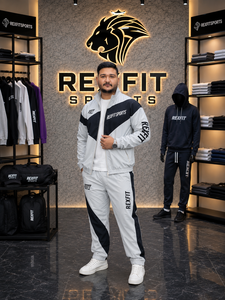 REXFIT SPORTS 2026 Ensemble de survêtement homme blanc et noir, fermeture éclair intégrale, col montant, ensemble de sport personnalisé pour l'entraînement et le jogging - Product Image 2