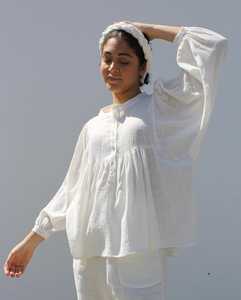 Women's Organic Cotton Double Gauze Vintage Pleated Peasant Blouse | Mandarin Collar Spaghetti Strap <b>Top</b> | Bohemian Style - Product Image 4