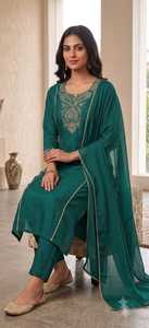 Ensemble indien pakistanais brodé en rayonne orange, Kurti droit et pantalon avec dupatta, tenue ethnique pour femmes, pour occasions décontractées et festivals - Product Image 6