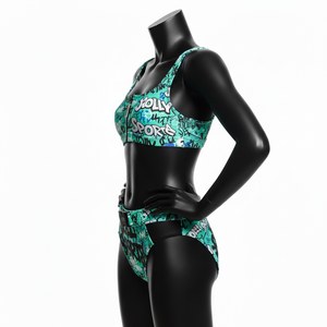 Ensemble de bikini en polyester et élasthanne premium avec imprimé graffiti, haut zippé, panneaux latéraux noirs, logo personnalisé par sublimation, pour femmes. - Product Image 3