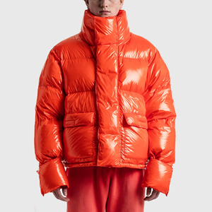 2026 Premium Men's Shiny Orange Puffer Jacket Stand Collar <b>Down</b> Filled Windproof Casual Winter Coat Short Loose Fit Zipper Closu - Product Image 1