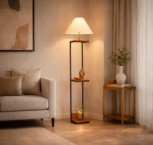 Modern Metal Floor <b>Lamp</b> with Wood <b>Shelf</b> White Fabric Drum Shade E27 LED 2700K Warm Light for Living Room - Product Image 2
