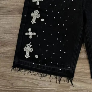Shorts en jean déchirés taille haute noirs à strass pour hommes et femmes – Collection été – Vente en gros - Product Image 5