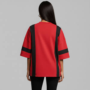 <b>High</b> Quality Women's <b>Red</b> Oversized T-Shirt With Black Stripes Three Quarter Sleeve Loose Fit Crew Neck Knitted Polyester - Product Image 6
