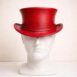 Sombrero de copa rojo unisex hecho a mano de cuero de primera calidad con banda trenzada, estilo vintage gótico steampunk, regalo para él. - Product Image 5