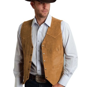 Chaleco de Negocios para Hombre, de Gamuza Dorada, Cuero y Lona Impermeable, Estilo Vintage Vaquero Occidental, Corte Regular y Ajustado - Product Image 5