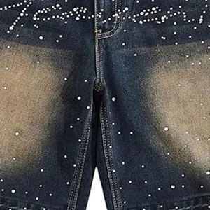 Shorts en jean 100 % coton de haute qualité, délavés à l'acide, personnalisés avec strass sur toute la surface, style streetwear unisexe, denim délavé clair - Product Image 6
