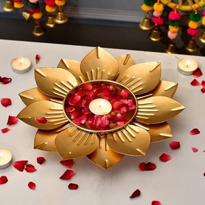 Handcrafted Golden Lotus Urli <b>Bowl</b> Floating Flowers Diyas <b>Metal</b> Centerpiece Christmas Home Decor - Product Image 1