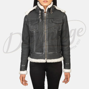 Women Black Distressed Real <b>Leather</b> Hooded <b>Jacket</b> White Faux Fur Trim Slim Fit Premium Sheepskin Winter Biker Outerwear Fashion - Product Image 3