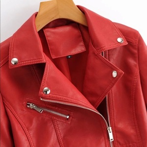 Women's Red PU Leather Moto <b>Jacket</b> Full Sleeve Zipper Stand Collar Autumn Style - Product Image 5