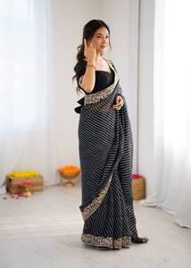Sari Premium de Georgette con Estampado Bandhani y Bordado con Lentejuelas, para Bodas y Fiestas, con Blusa de Seda Benglori - Product Image 3