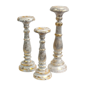 Set of 3 Vintage Distressed Teal Turquoise Gold <b>Wooden</b> Candle <b>Holders</b> Carved Fluted <b>Wooden</b> <b>Candlestick</b> Stand Set Rustic - Product Image 6