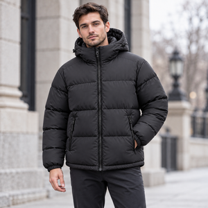 Male <b>Jacket</b> Charcoal Black Nylon <b>Padded</b> <b>Hooded</b> Zip up Horizontal Quilted Baffle Winter Puffer <b>Jacket</b> - Product Image 3