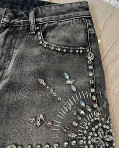 Denim Shorts Vintage Zipper 100% Cotton <b>Black</b> Denim Raw <b>Edge</b> Hem Crystal-embellished Denim Shorts - Product Image 5