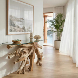 Table console en racine de teck, meubles en bois naturel, fabrication artisanale moderne, salon, hôtel, extérieur, intérieur, jardin, table d'appoint - Product Image 4