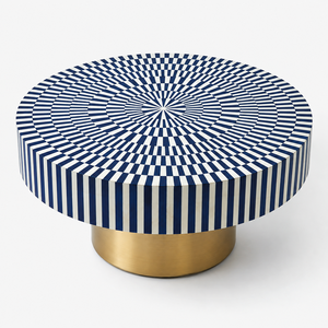 Mesa de centro redonda moderna con incrustaciones ópticas azules y blancas hechas a mano, con base de latón para una vida de lujo. - Product Image 1