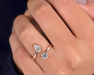 Anillo Abierto de Moissanita, Corte Pera, Corte Redondo, Ajustable, Plata de Ley 925, Anillo de Compromiso para Mujer, Joyería Fina - Product Image 5