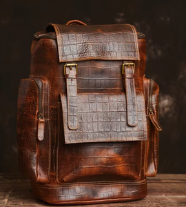 Mochila de cuero vintage con patrón de cocodrilo marrón, de gran capacidad, con cremallera, para hombre, para viajes y negocios. - Product Image 6