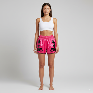 Unisex Pink Satin Mid Waist <b>Shorts</b> with Black <b>Ruched</b> Elastic Waistband Casual Breathable Eco-Friendly Quick Dry Front Logo - Product Image 3