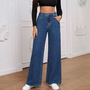 Pantalon en jean à jambes larges pour femme, couleur unie, longueur complète, coupe décontractée, délavage moyen, en coton, style automne - Product Image 3