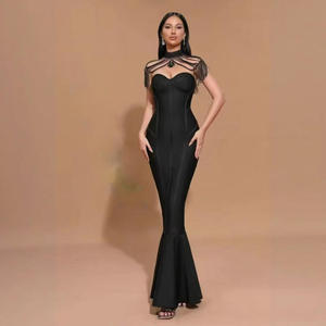 Vestido de Noche Negro Europeo 2026 Americano Transfronterizo con Cuello Halter, Diseño de Vendaje, Sexy, Sin Tirantes, Recto, Midi, Sin Espalda, con Flecos - Product Image 1