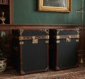 Vintage Black <b>Storage</b> Trunk Set Leather Brass Hardware Antique <b>Chest</b> Box Furniture Home Decor Suitcase Cabinet - Product Image 1