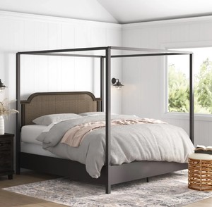 Modern Wooden Canopy <b>Bed</b> <b>Frame</b> King Size Upholstered <b>Rattan</b> Headboard Black and Natural Bedroom Furniture - Product Image 1