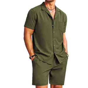 Men's Olive Green Short Sleeve Shirt And Shorts <b>Set</b> Solid Color <b>Knitted</b> Cotton Breathable Casual Summer Wear Turn-down Collar - Product Image 2