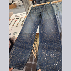 Jeans de Cintura Alta y Pierna Recta con Diseño de Puntos de Lentejuelas, Denim Deslavado, Estilo Vintage, para Mujer, Largos, Casuales, para Otoño - Product Image 3