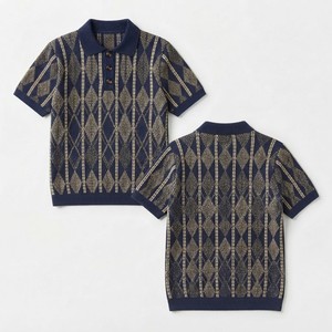 Women's Knitted <b>Argyle</b> Pattern Polo <b>Sweater</b> Short Sleeve Turn-down Collar 100% Acrylic Preppy Style All Seasons - Product Image 1