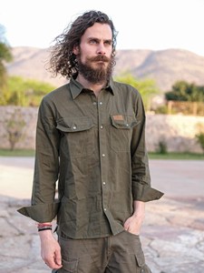 Premium Hand-Stitched <b>Men</b>’s Khaki Cotton Canvas <b>Utility</b> <b>Shirt</b> Artisanal Earthy Ochre Button-Down <b>Shirt</b> - Product Image 4