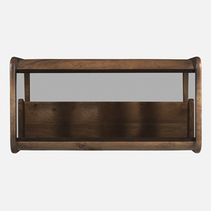 Table basse moderne à deux niveaux pour salon, en bois de manguier massif avec plateau en verre combiné, bords légèrement courbés, finition Tubbag - Product Image 5