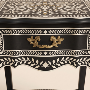 <b>Vintage</b> Bone Inlay Black <b>Bedside</b> <b>Table</b> 1 Drawer with Shelf Floral Handmade Nightstand Unique Furniture <b>Bedside</b> for Bedroom - Product Image 5