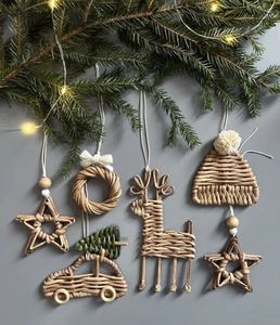 Handmade Rattan Christmas Ornaments Set Star Reindeer Car Tree <b>Wreath</b> Hanging Decor Rustic Style Medium Size - Product Image 1