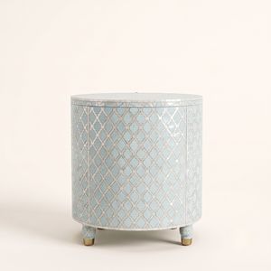 Table de chevet ronde bleu clair en nacre faite à la main avec 1 tiroir, incrustation marocaine en treillis, meuble artisanal à un seul tiroir - Product Image 2