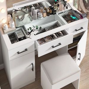 Large Lighted <b>Mirror</b> Makeup Vanity Desk Set with 3 Drawers and 2 Cabinets Glass <b>Top</b> Vanity <b>Table</b> - Product Image 5
