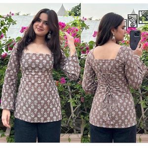 Kurti Corto Estampado de Rayón para Mujer |   Cuello Cuadrado |   Diseño de Manga Larga |   Blusa Casual y de Oficina |   Cómodo - Product Image 3