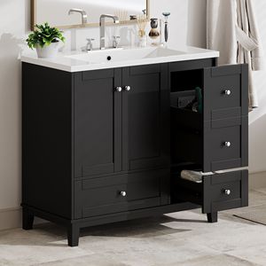 36-Inch Modern USB Charging Bathroom Vanity <b>Cabinet</b> Two-Doors Three-Drawers <b>Storage</b> <b>Small</b> Space Solution for Urban Bathrooms - Product Image 3